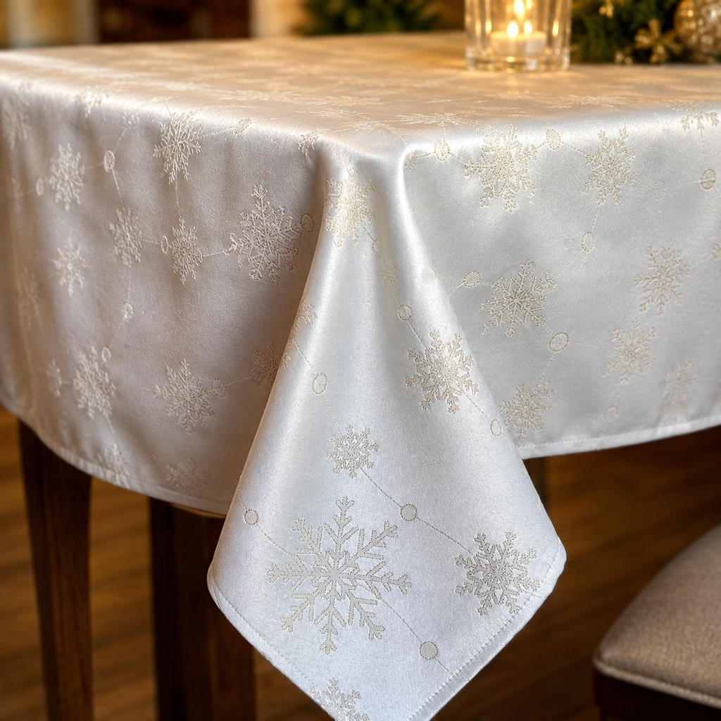 Tischdecke Golden Snowfall – Festliche Tischdekoration – Detail von Stoff, Saum und Originalmuster