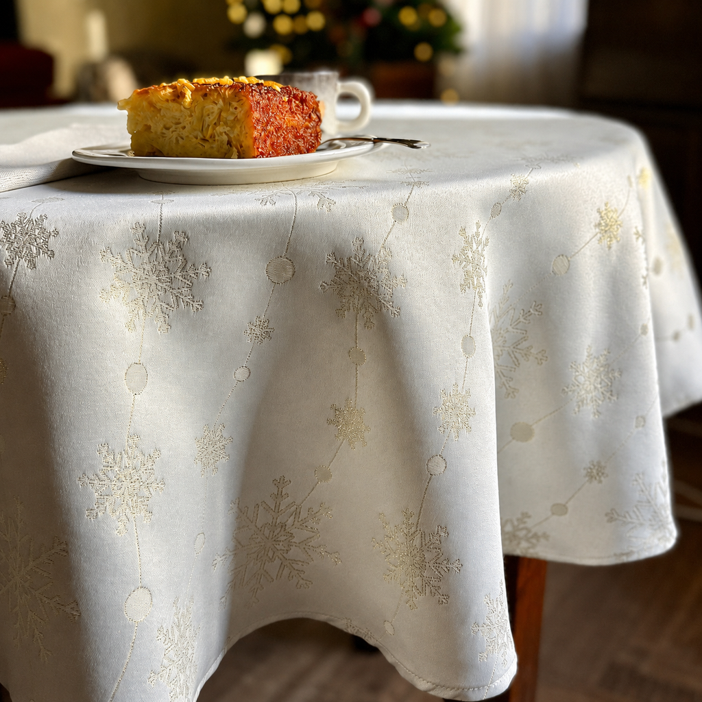 Runde Tischdecke Golden Snowfall – Detail von Stoff, Saum und Originalmuster