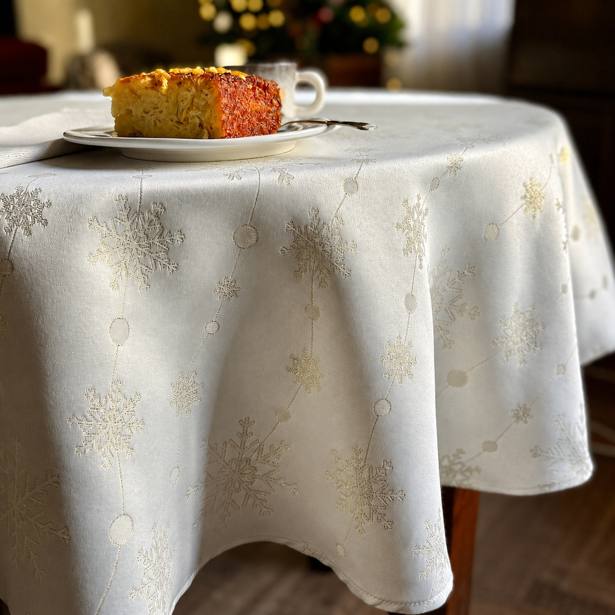 Runde Tischdecke Golden Snowfall – Detail von Stoff, Saum und Originalmuster