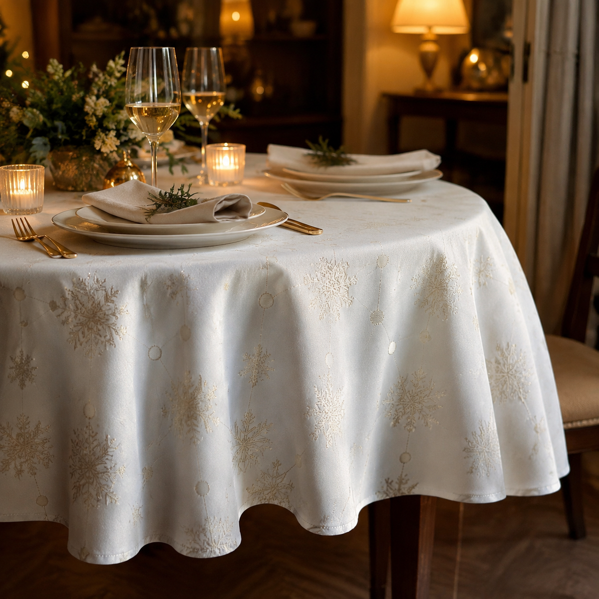 Runde Tischdecke Golden Snowfall – elegante Dinner-Atmosphäre