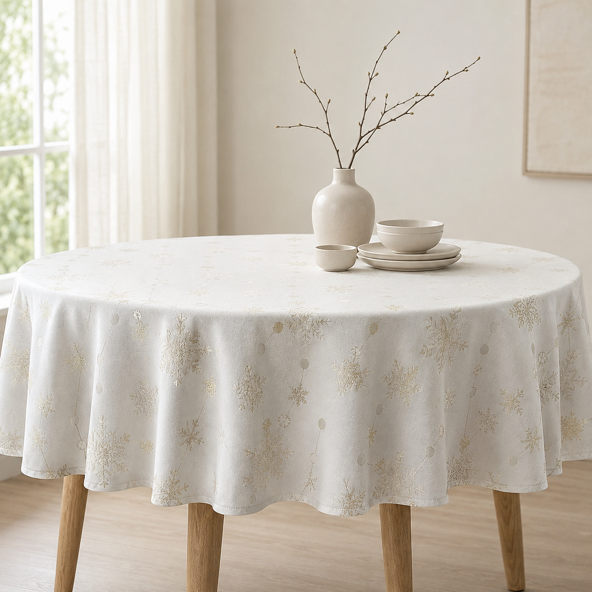 Runde Tischdecke Golden Snowfall – Premium Hauptbild im eleganten Esszimmer