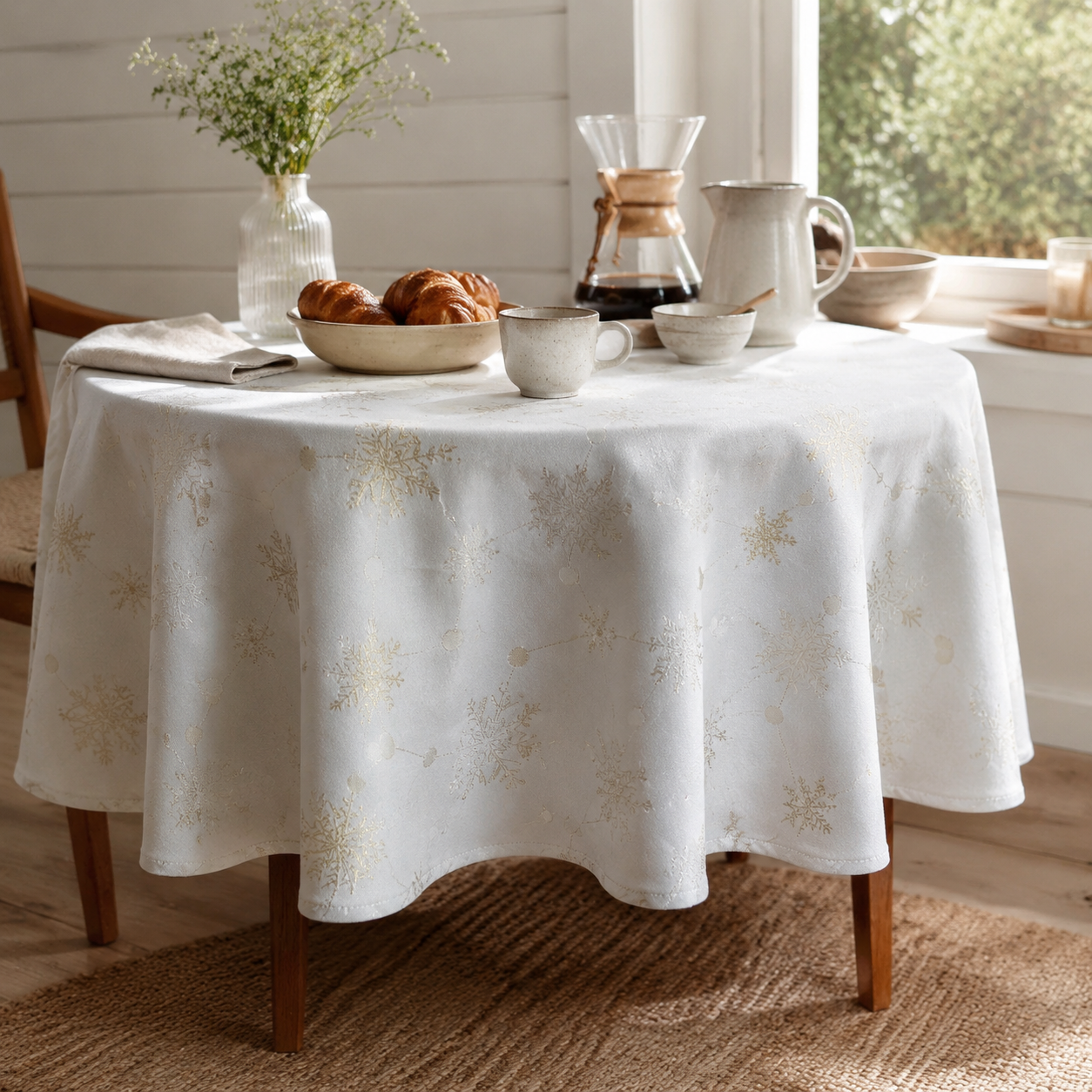 Runde Tischdecke Golden Snowfall – stilvolle Frühstückstafel im Tageslicht