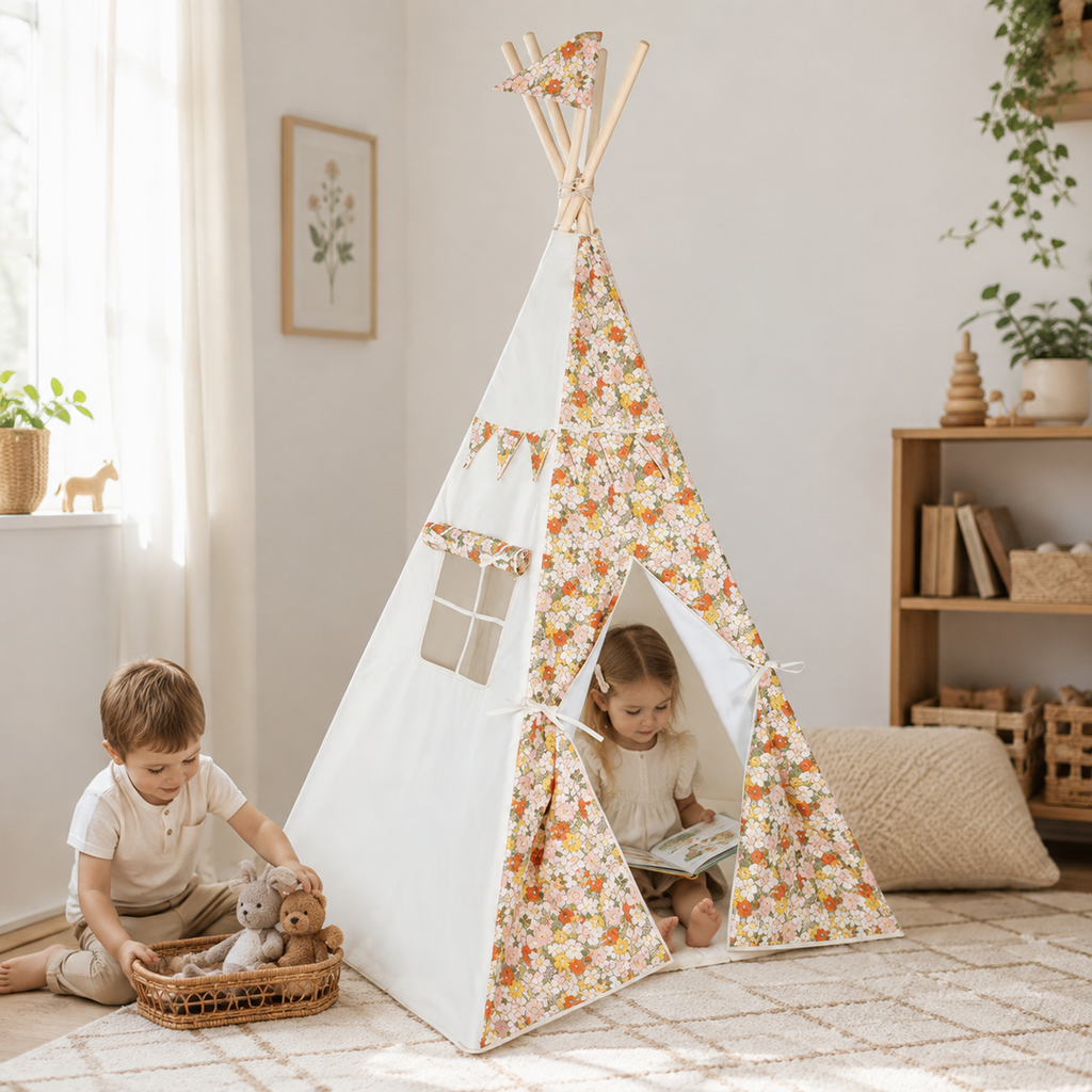 Geschwister spielen am floralen Kinder-Tipi Green Garden