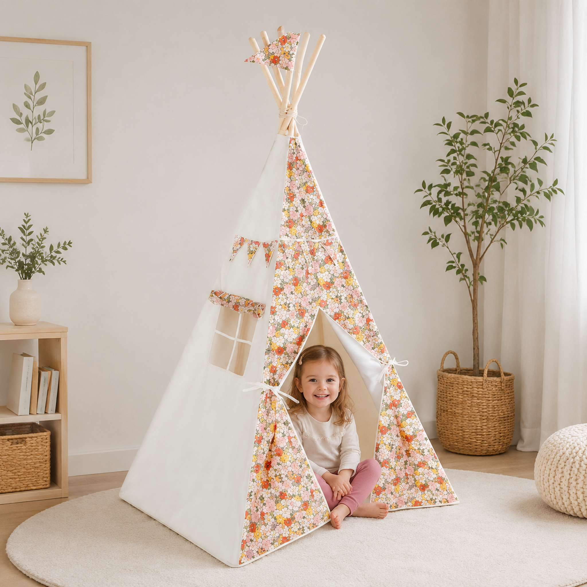 Florales Kinder-Tipi Green Garden mit Kind im hellen Kinderzimmer