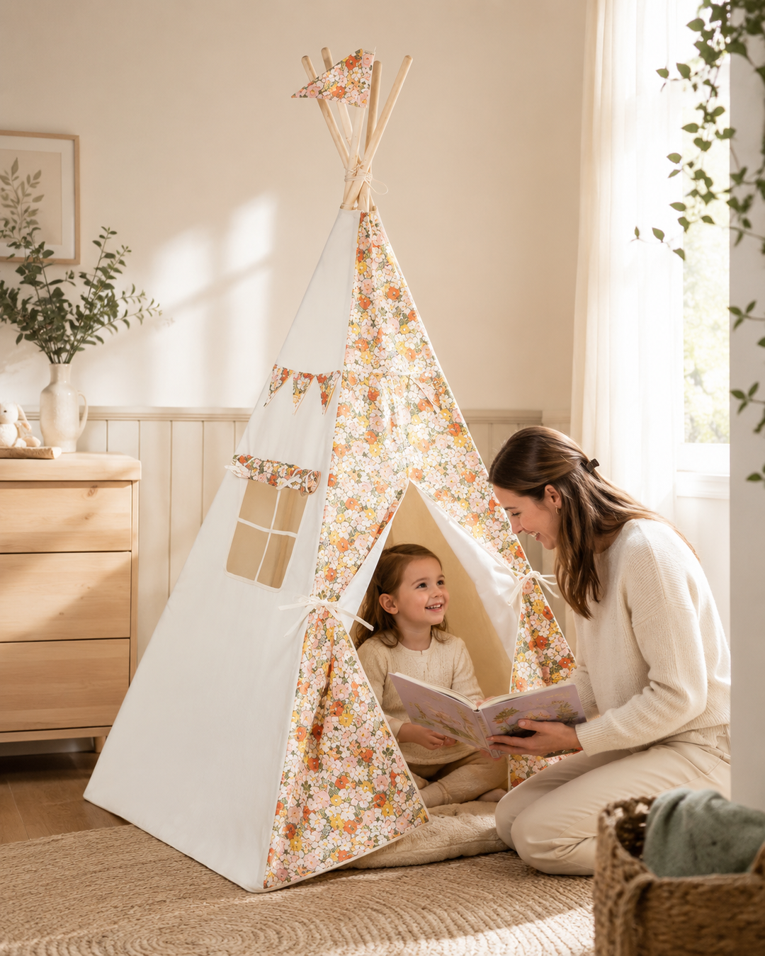 Mutter liest mit Kind am Green Garden Kinder-Tipi