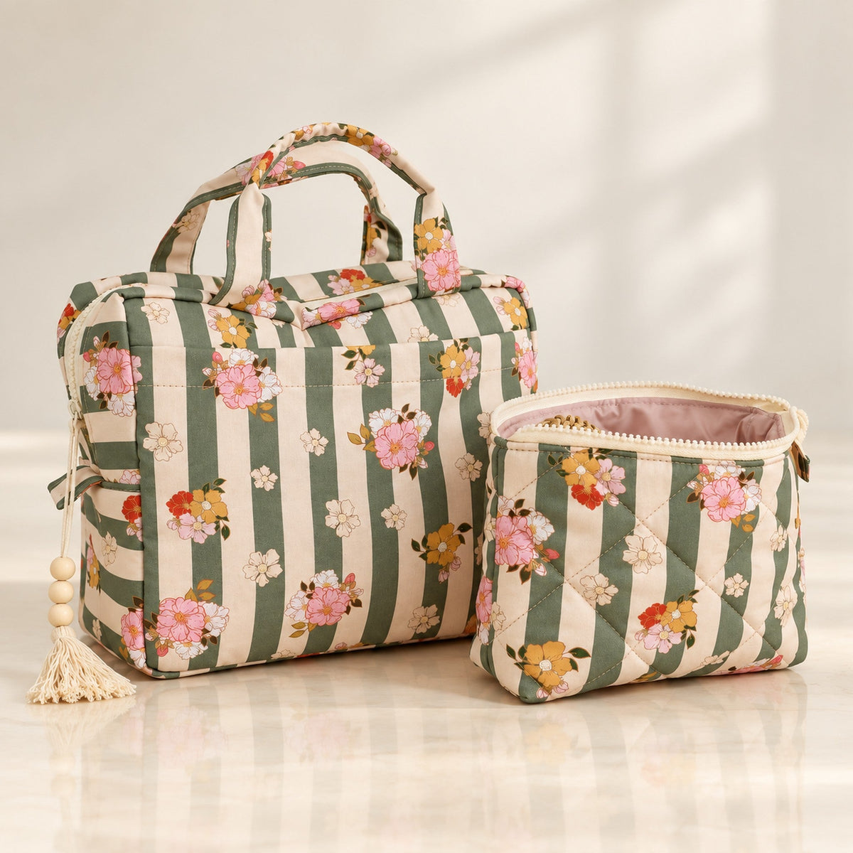 Kosmetiktaschen-Set Grüne Streifen, zwei florale Taschen mit Spiegelung | Elena Home Living