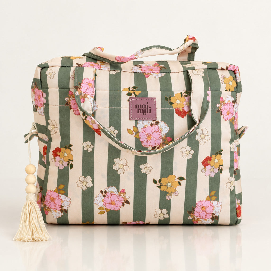Große Kosmetiktasche Grüne Streifen mit floralem Muster und Spiegelung | Elena Home Living