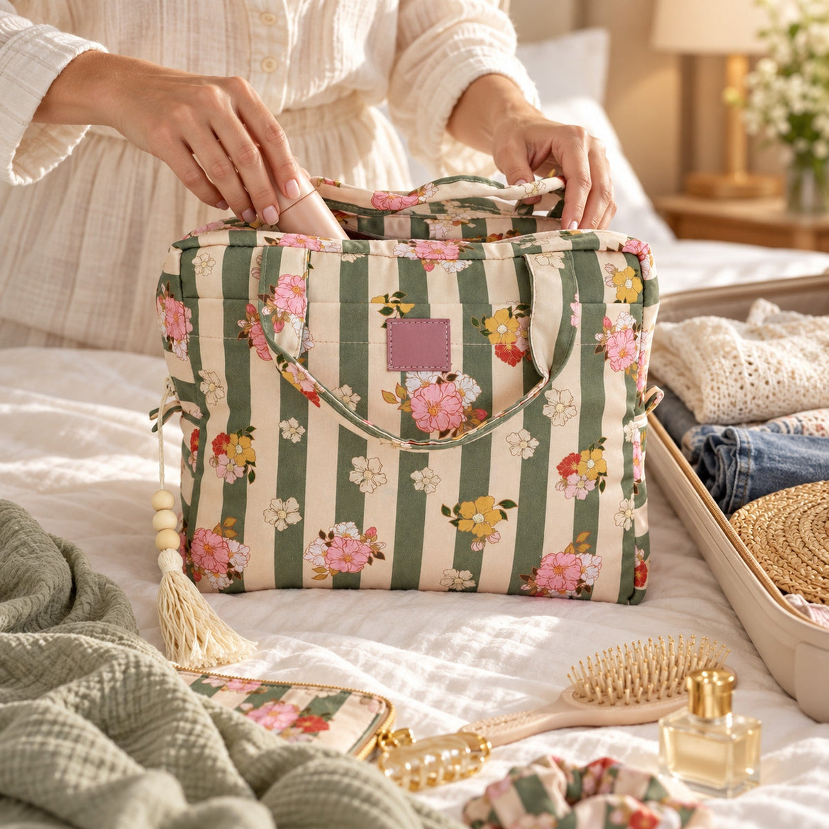 Kosmetiktasche Grüne Streifen bei der Reisevorbereitung | Elena Home Living