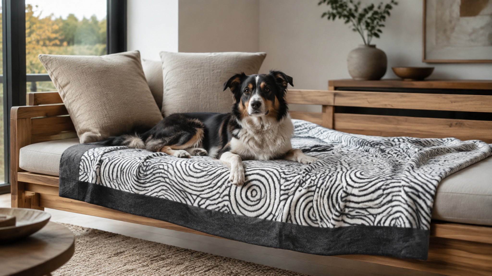 Huma Haustierdecke Grau Weiß auf Daybed im Premium Interieur – 16:9