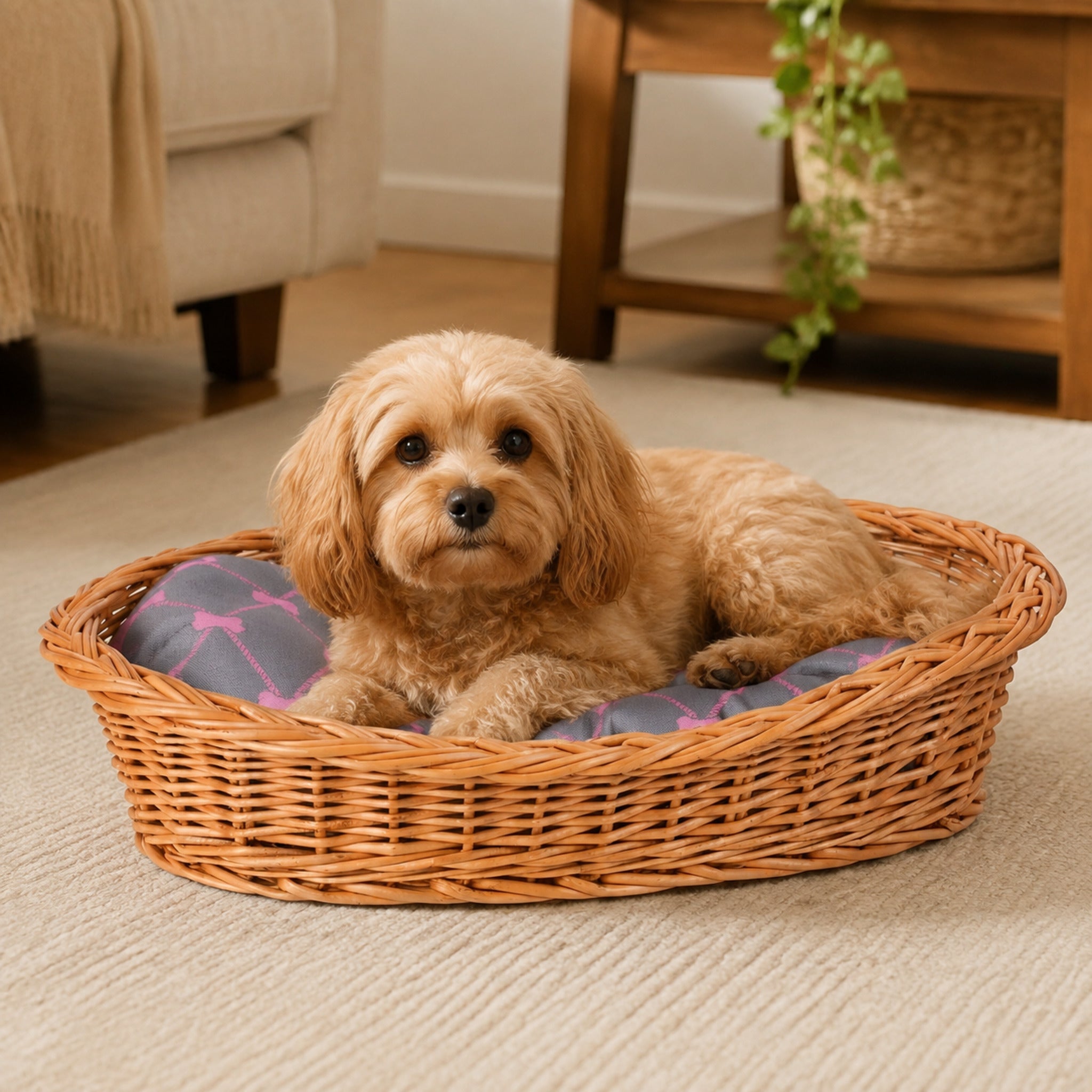 Enovia Hundebett aus Naturweide mit grau-rosa Kissen – 80 × 60 cm – Elegante Wohnszene mit Haustier