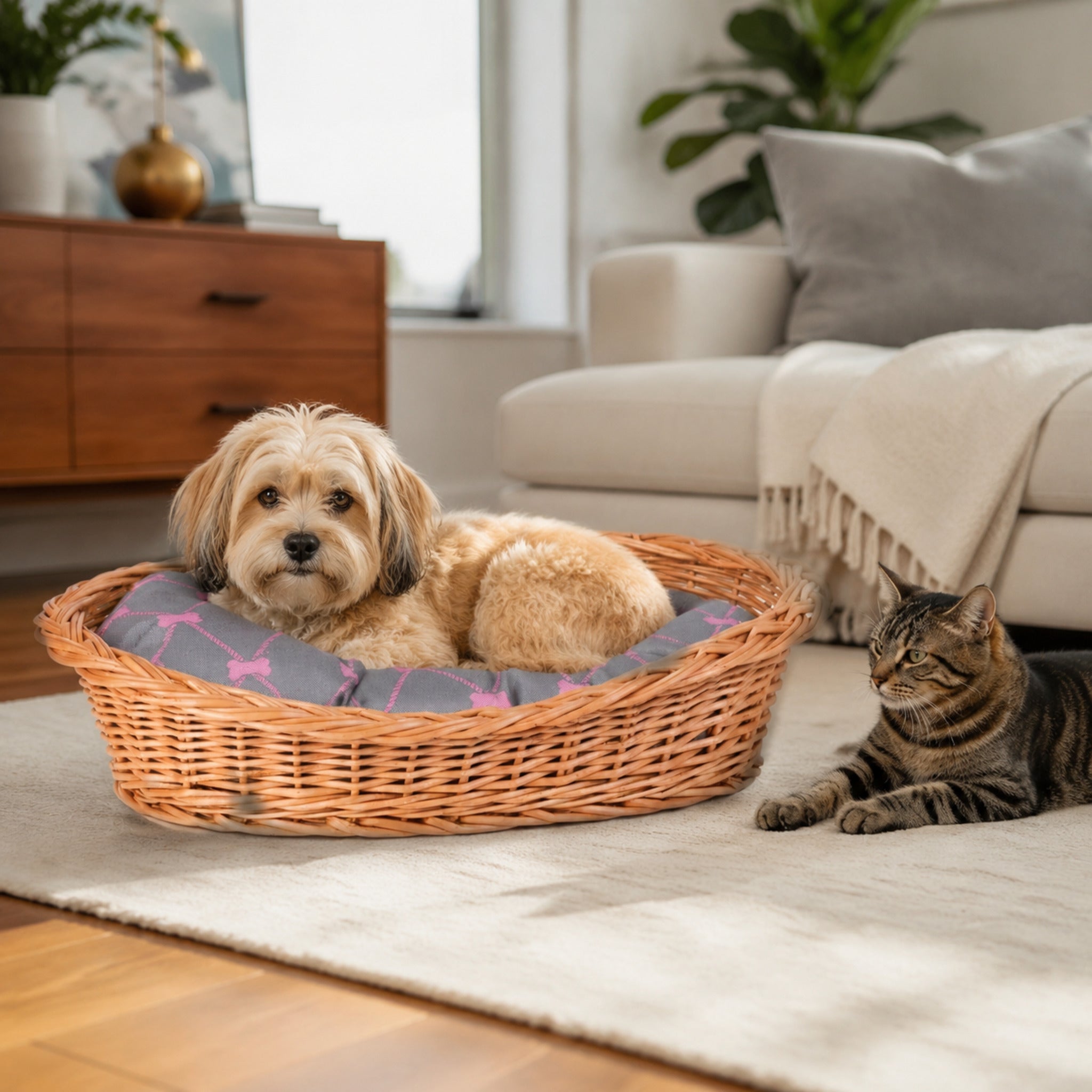 Enovia Hundebett aus Naturweide mit grau-rosa Kissen – 80 × 60 cm – Stilvolle Wohnatmosphäre mit zwei Haustieren