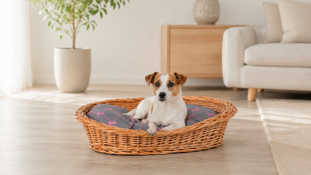 Enovia Hundebett aus Naturweide mit grau-rosa Kissen – 80 × 60 cm – Breite Premium-Wohnszene im Format 16:9