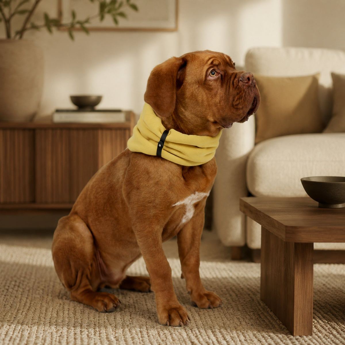 Inko Halswärmer für Hunde – Gold – Elegante Wohnszene mit Haustier