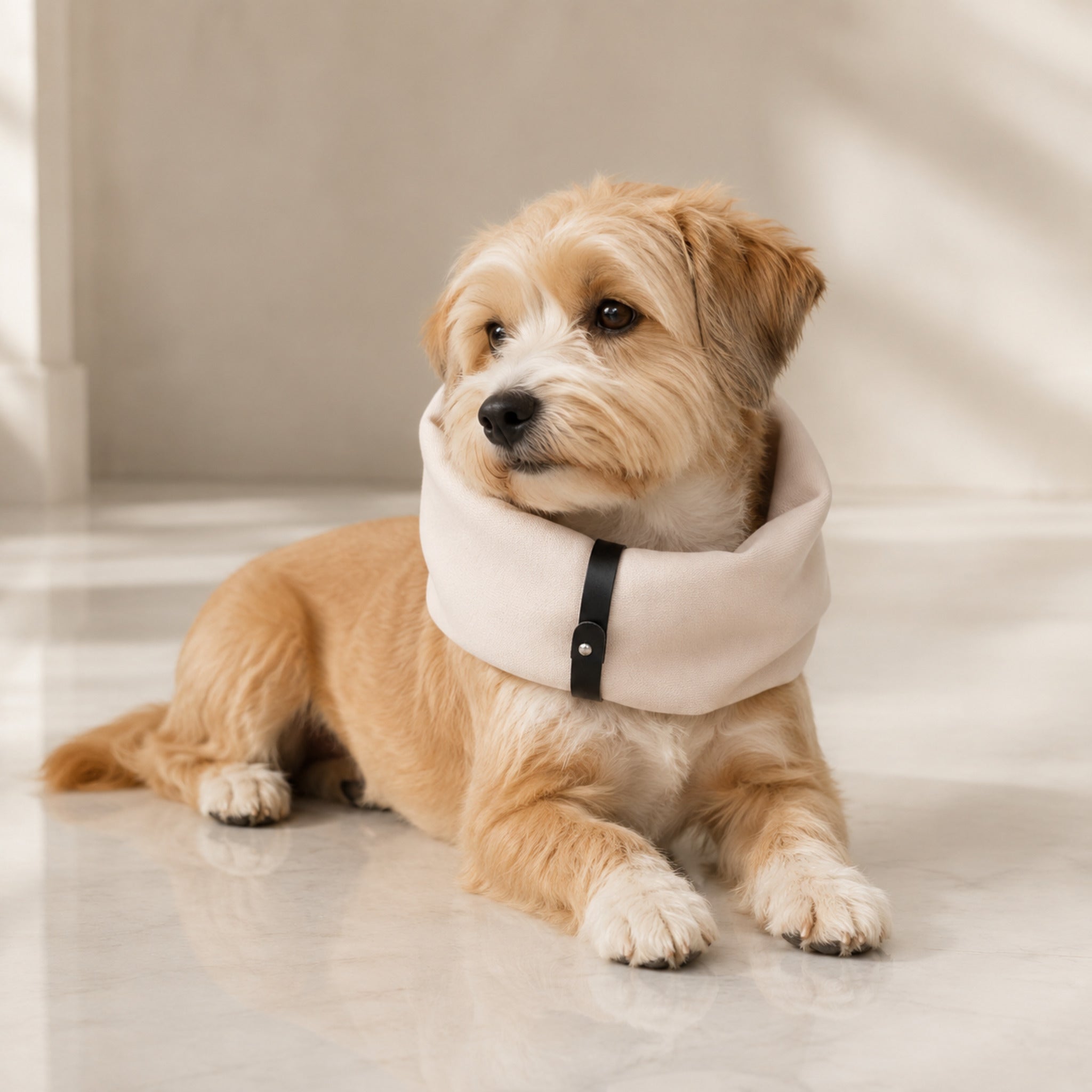 Inko Halswärmer für Hunde – Sandweiß – Premium Studioaufnahme auf reflektierendem Boden