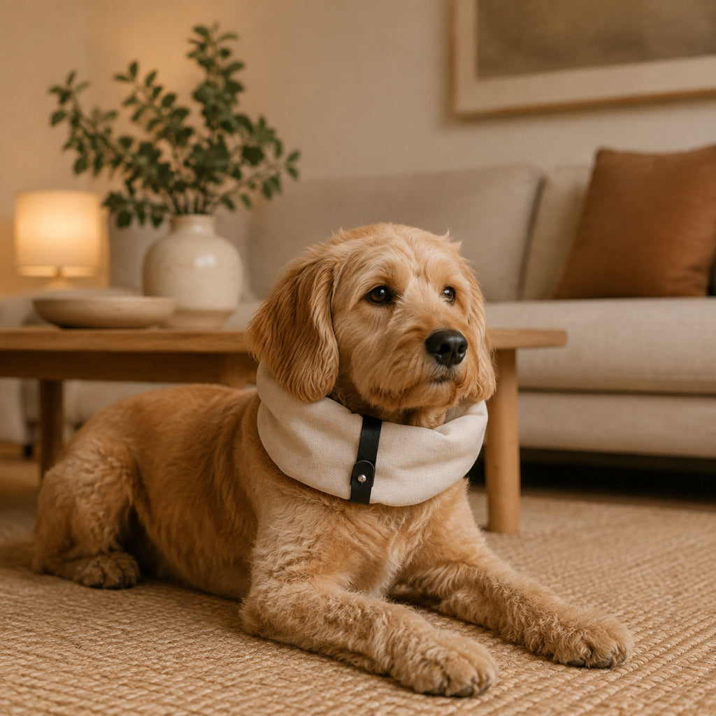 Inko Halswärmer für Hunde – Sandweiß – Elegante Wohnszene mit Haustier