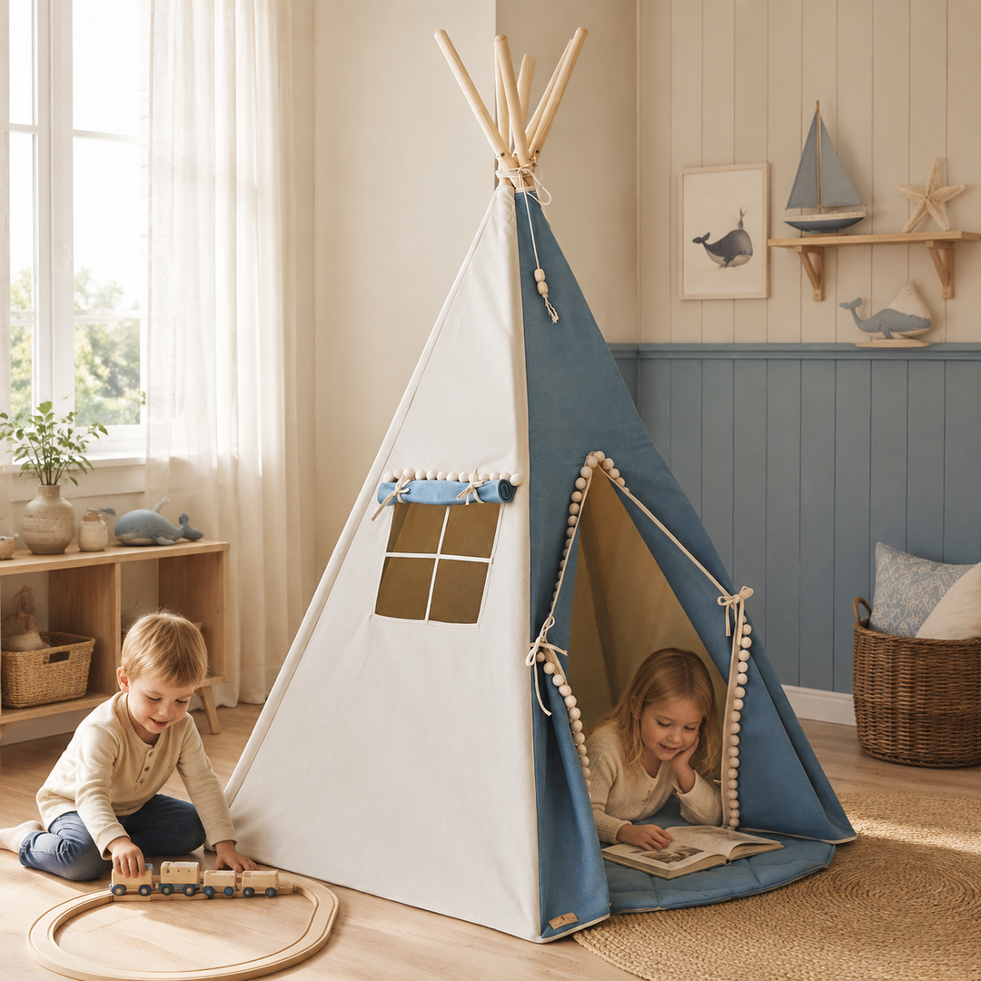 Geschwister spielen am Jeans Kinder-Tipi mit Pompons