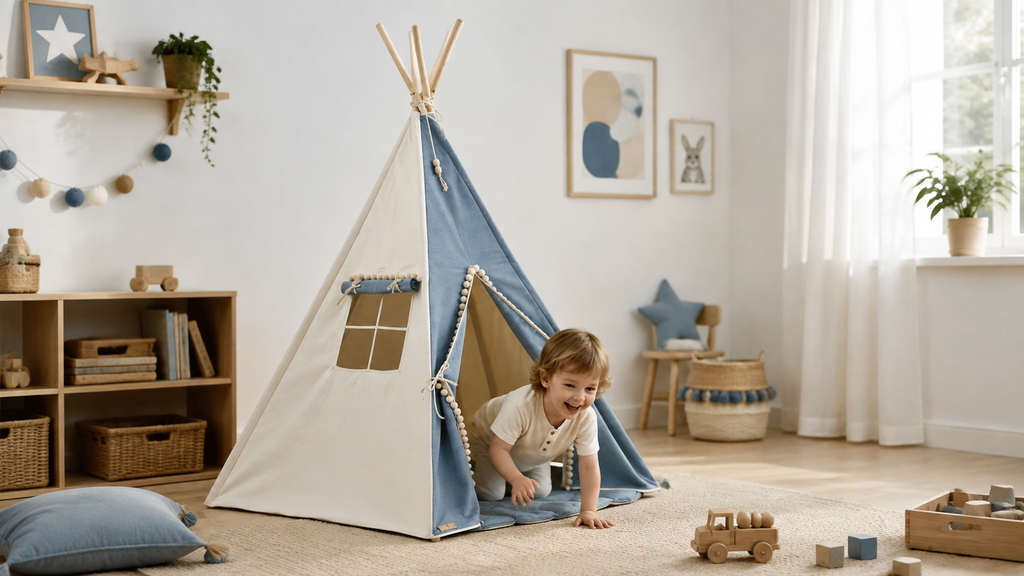 Kind krabbelt aus dem blau-cremefarbenen Spielzelt mit Pompons