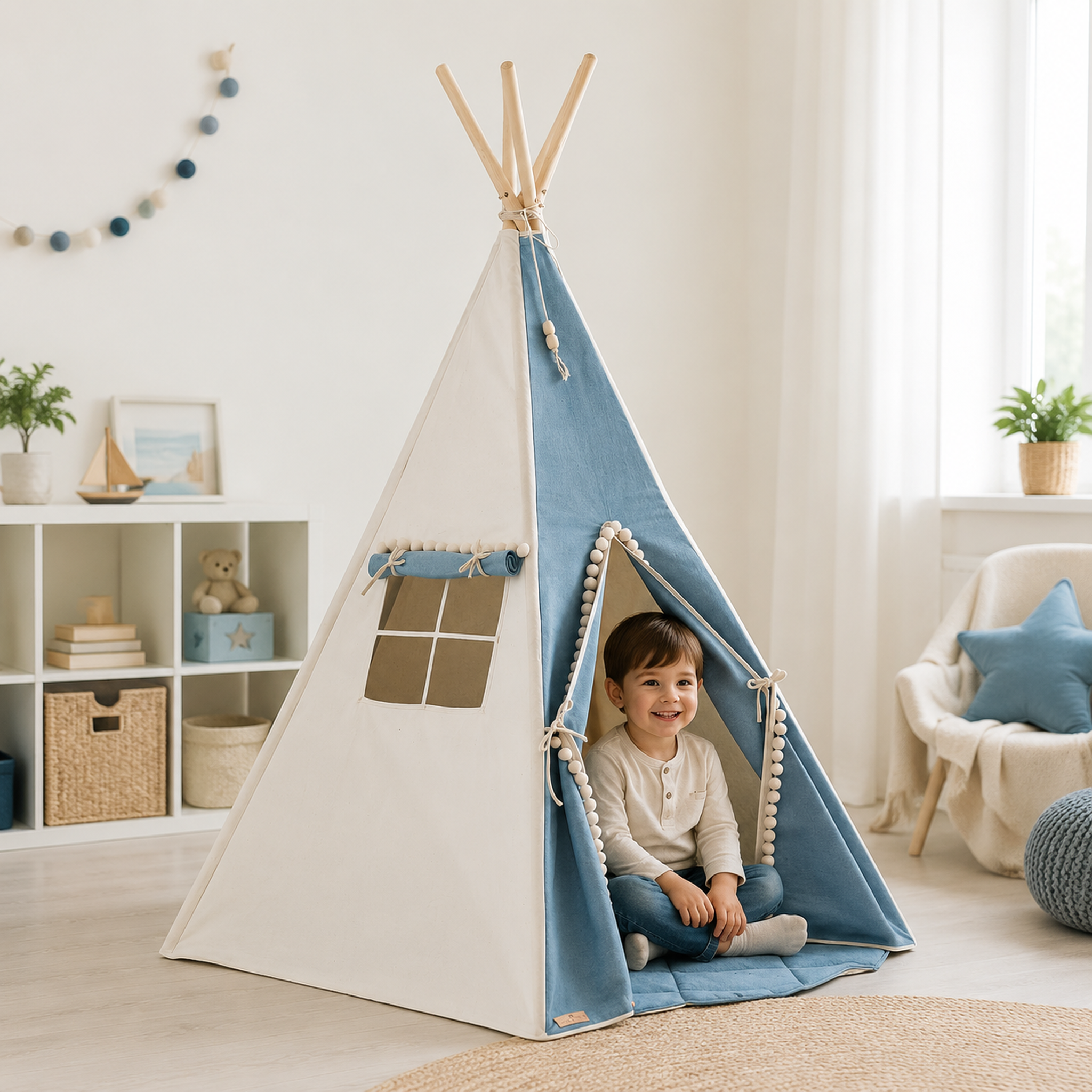 Blau-cremefarbenes Kinder-Tipi mit Pompons und Kind