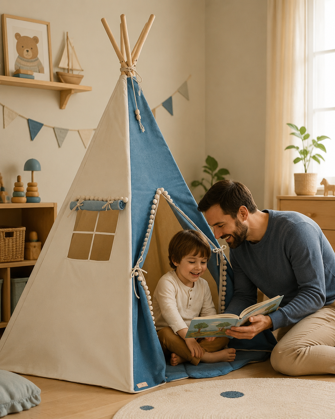 Vater liest mit Kind im blau-cremefarbenen Kinder-Tipi