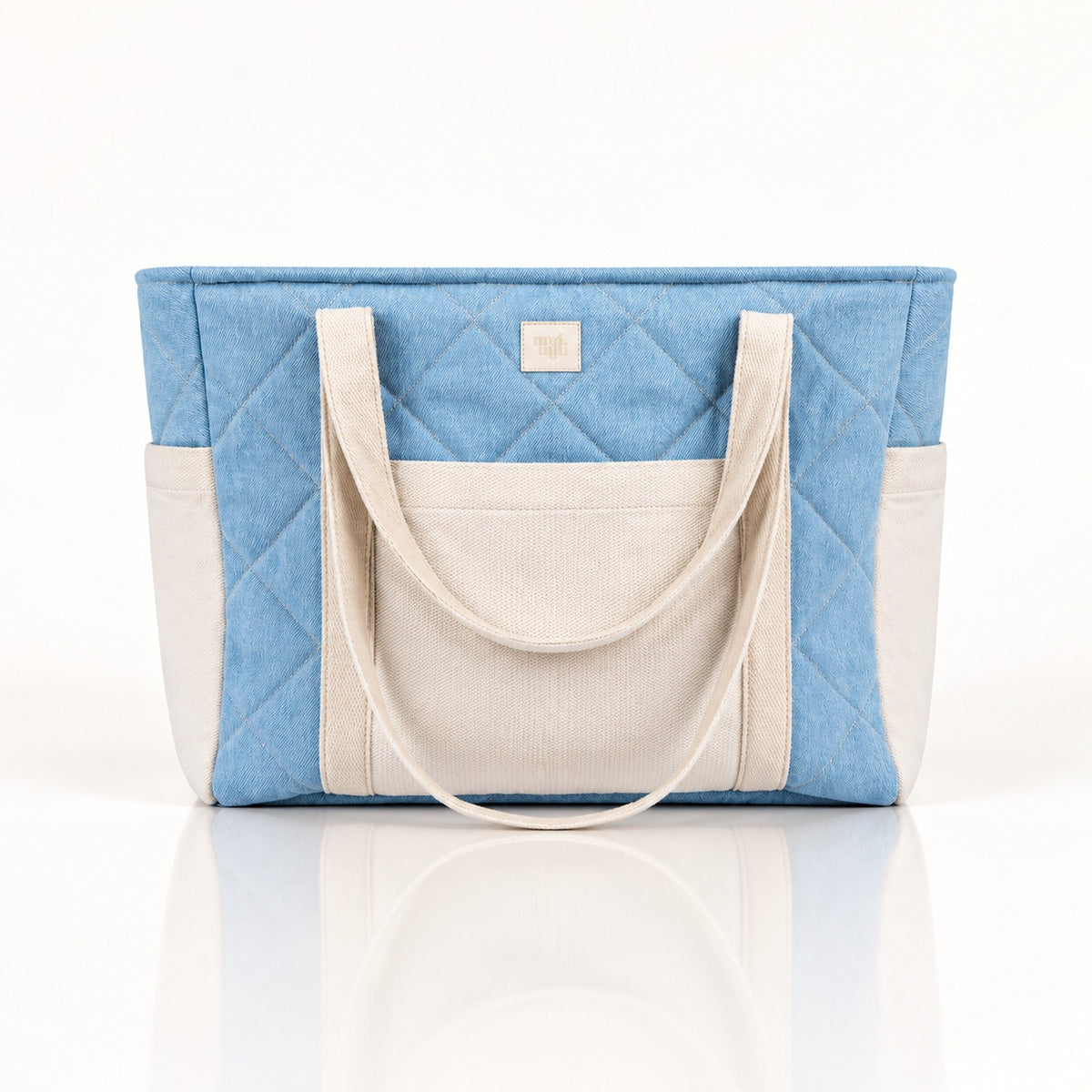 Mom Bag Weekender Jeansblau mit weißer Fronttasche und Spiegelung | Elena Home Living