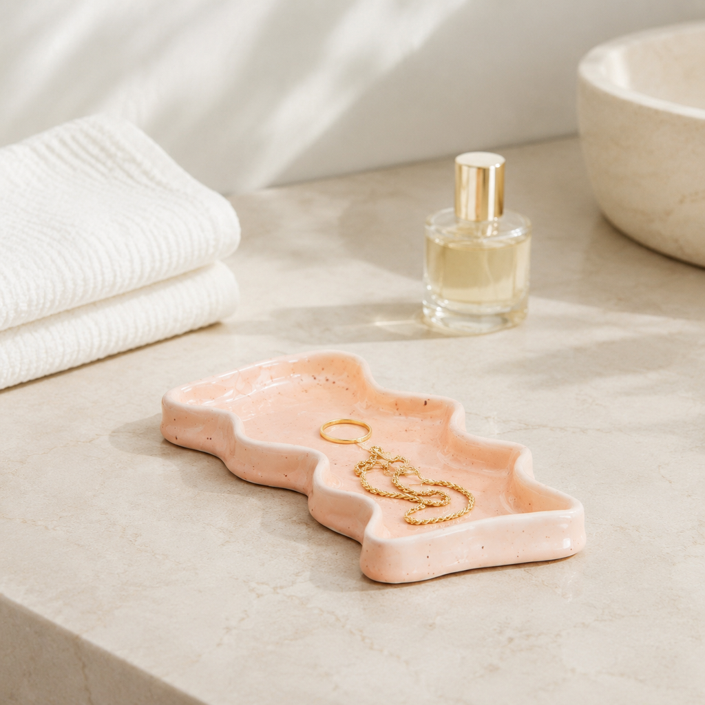 Keramik-Ablageschale Wave – Rechteckig Pfirsich – mit Schmuck im eleganten Badezimmer