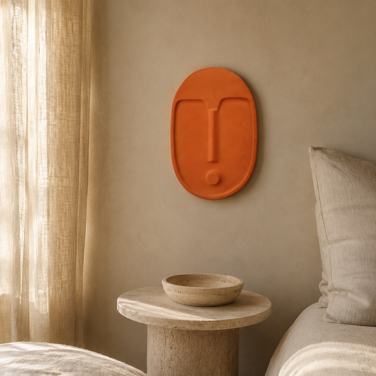 Keramik-Wandmaske – Strukturiert Terrakotta-Orange – in ruhigem Premium-Interieur