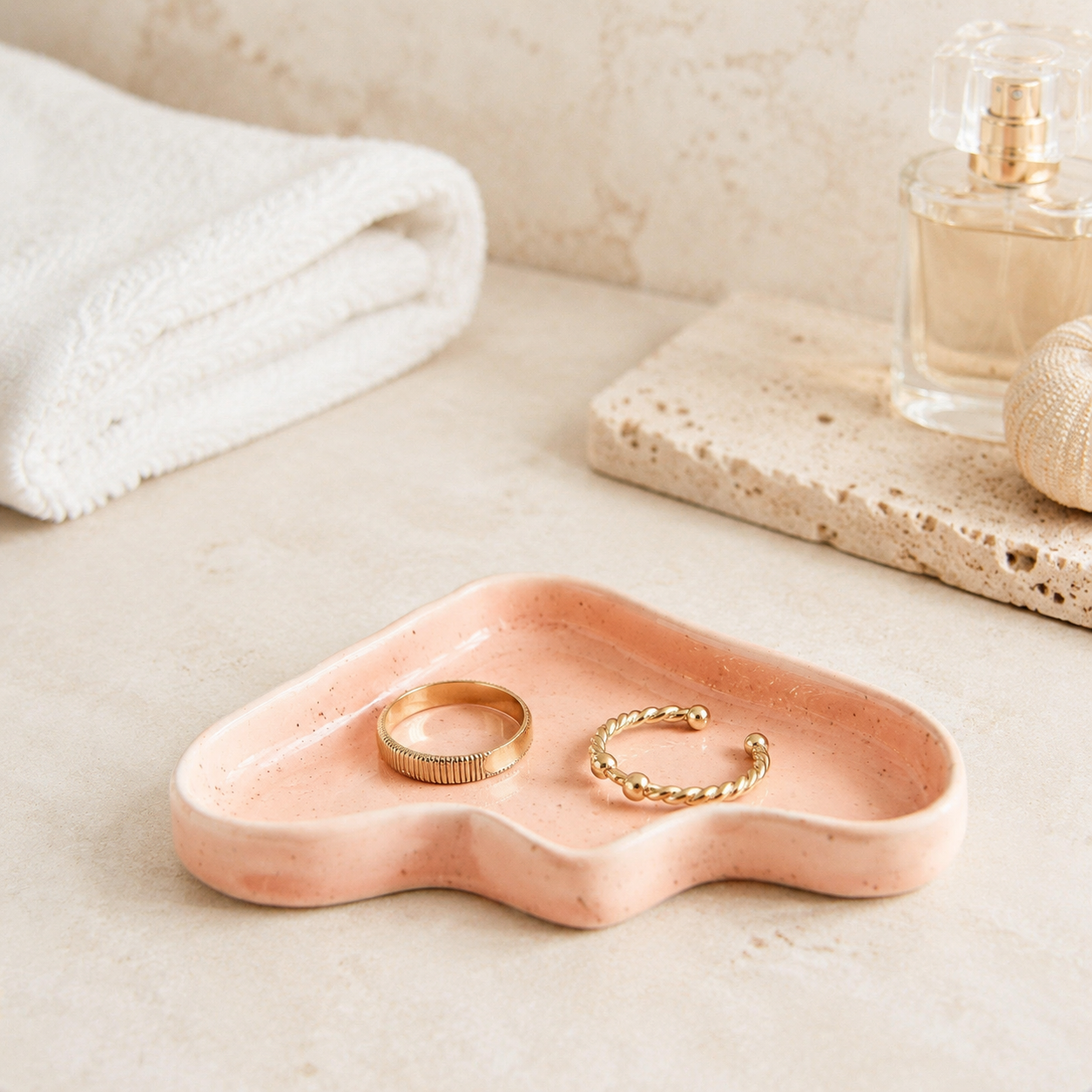 Pfirsichfarbene Keramik-Ablageschale Wave mit Schmuck im eleganten Badezimmer