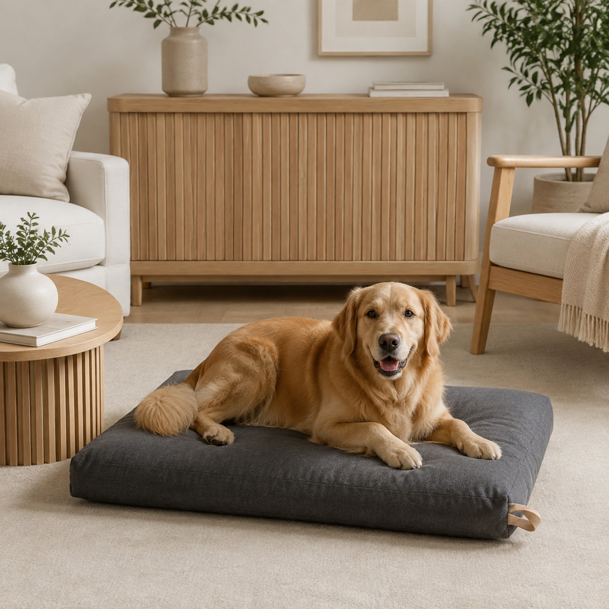Dunkelgraues Kiima Hundekissen mit Golden Retriever im modernen Wohnzimmer