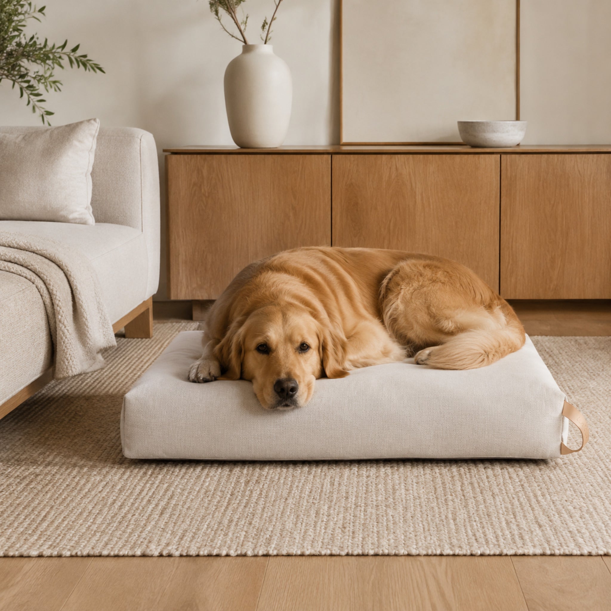 Hellbeiges Kiima Hundekissen mit Golden Retriever im modernen Wohnzimmer