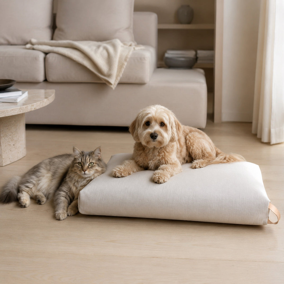 Kiima Hundekissen Hellbeige mit Hund und Katze in stilvoller Wohnatmosphäre