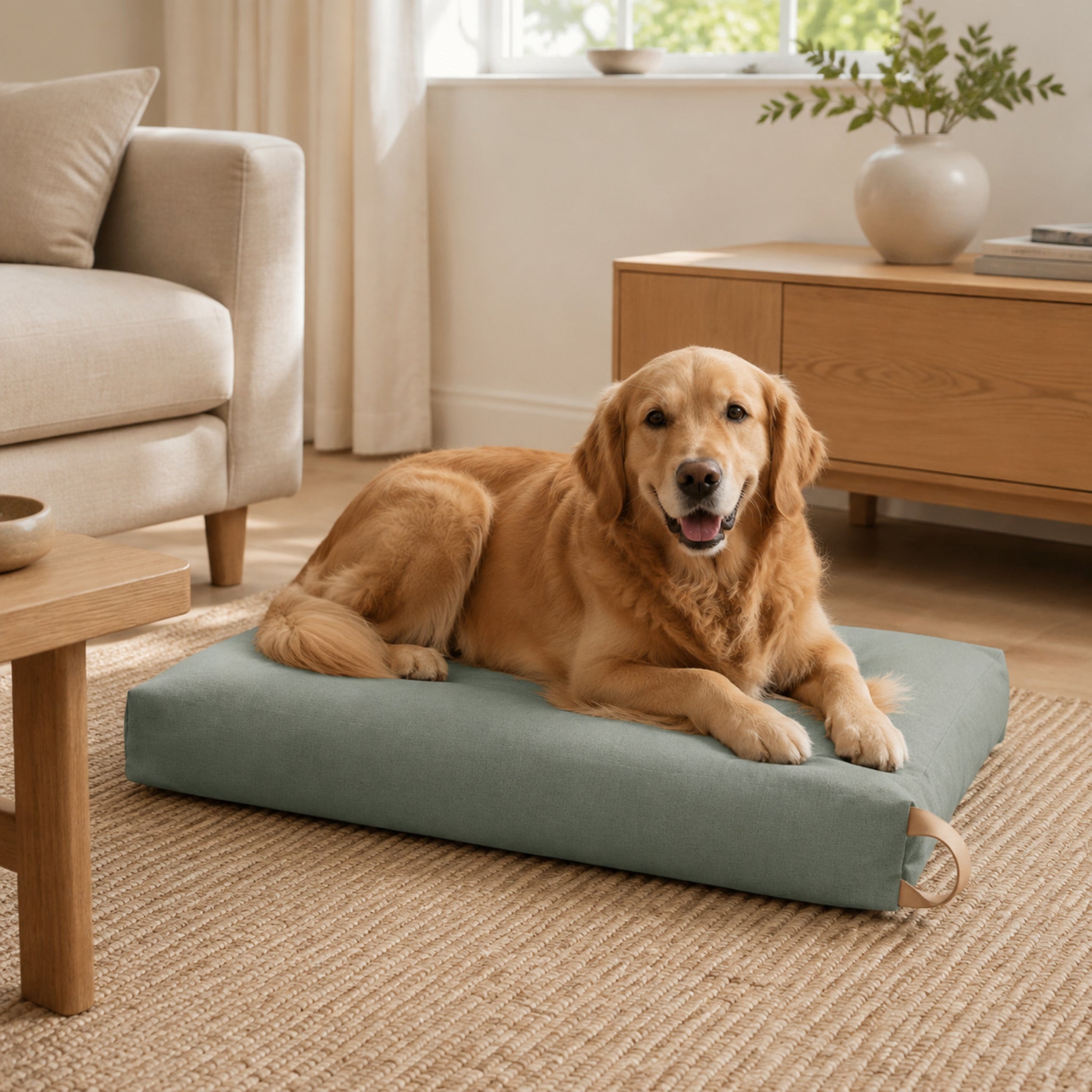 Kiima Hundekissen Soft Teal mit Golden Retriever im hellen Wohnzimmer