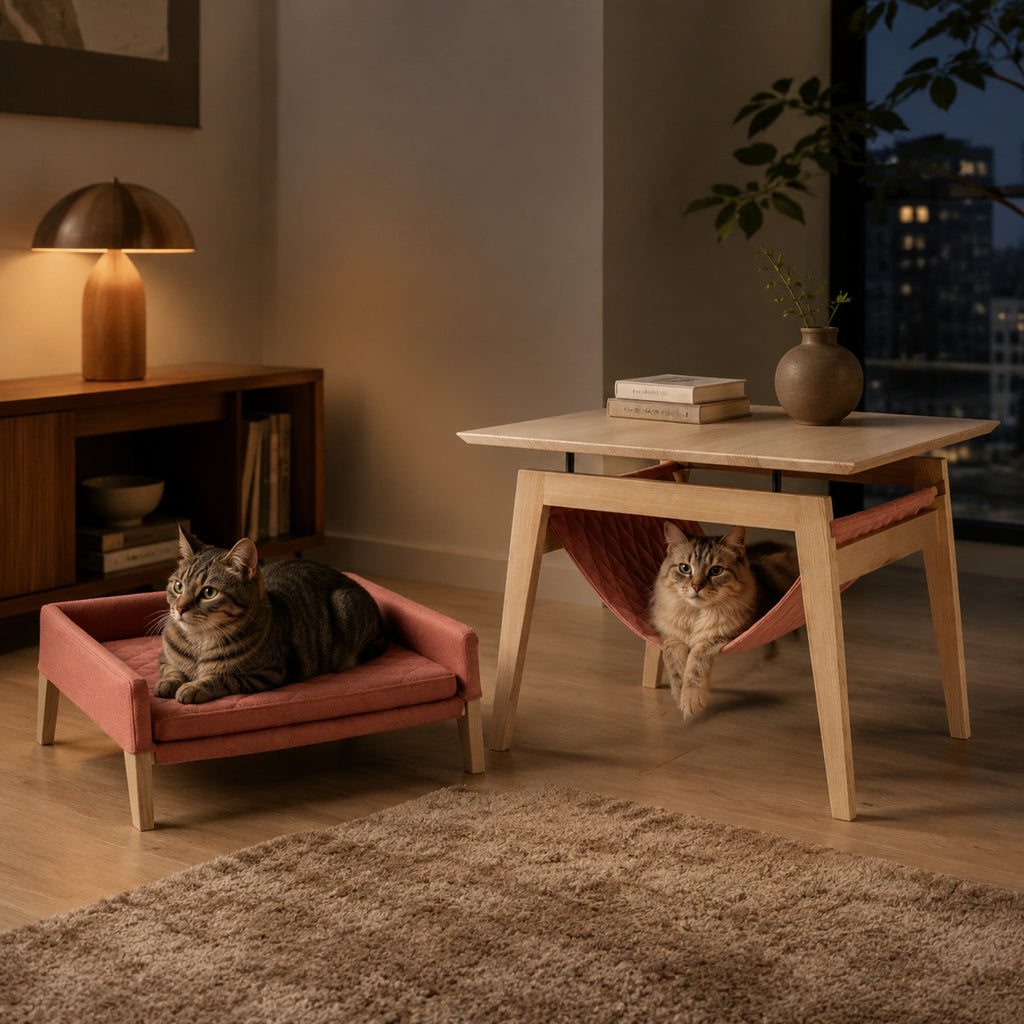 Kikko Tisch mit Hängematte und Katzenbett – elegante Katzenoase