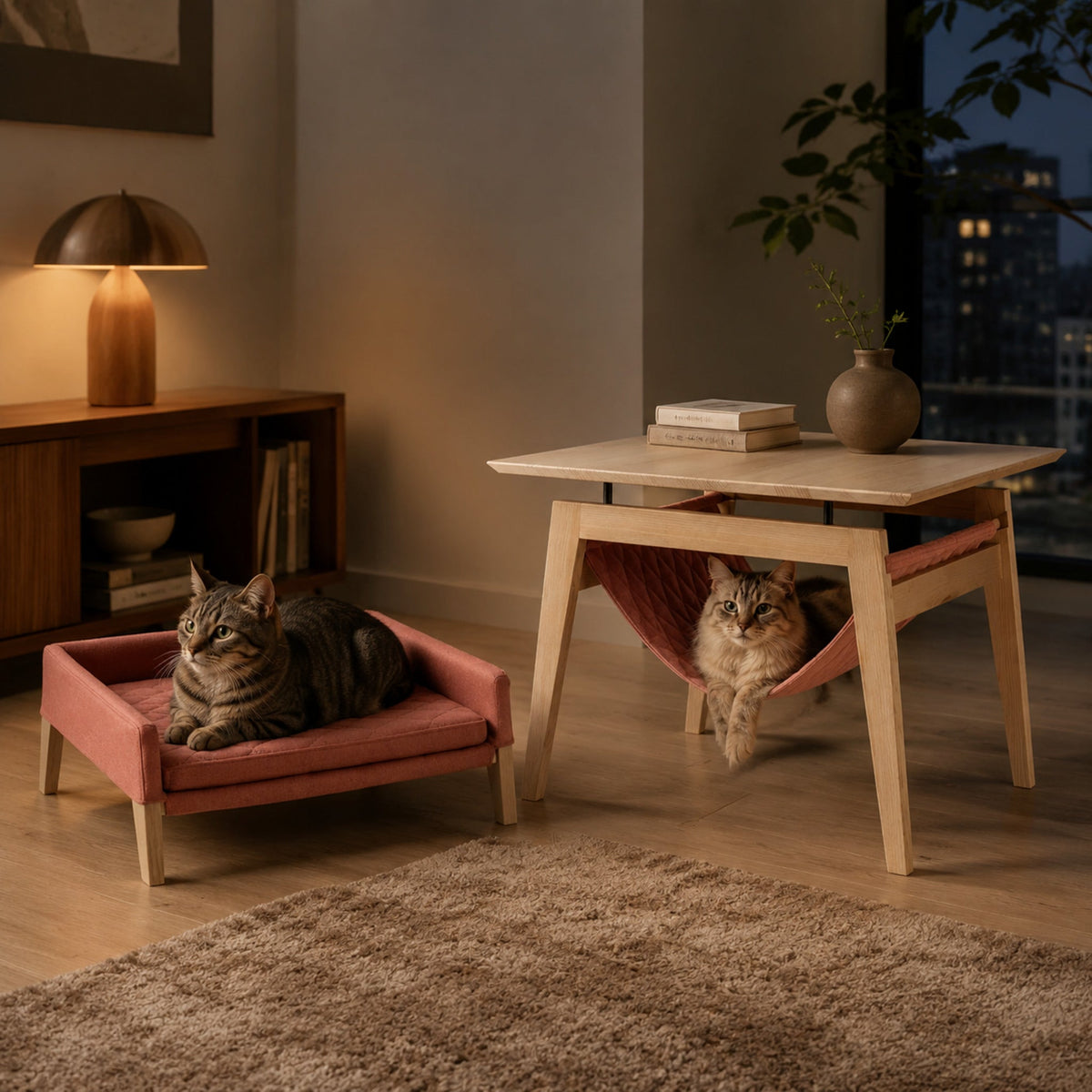 Kikko Tisch mit Hängematte und Katzenbett – elegante Katzenoase