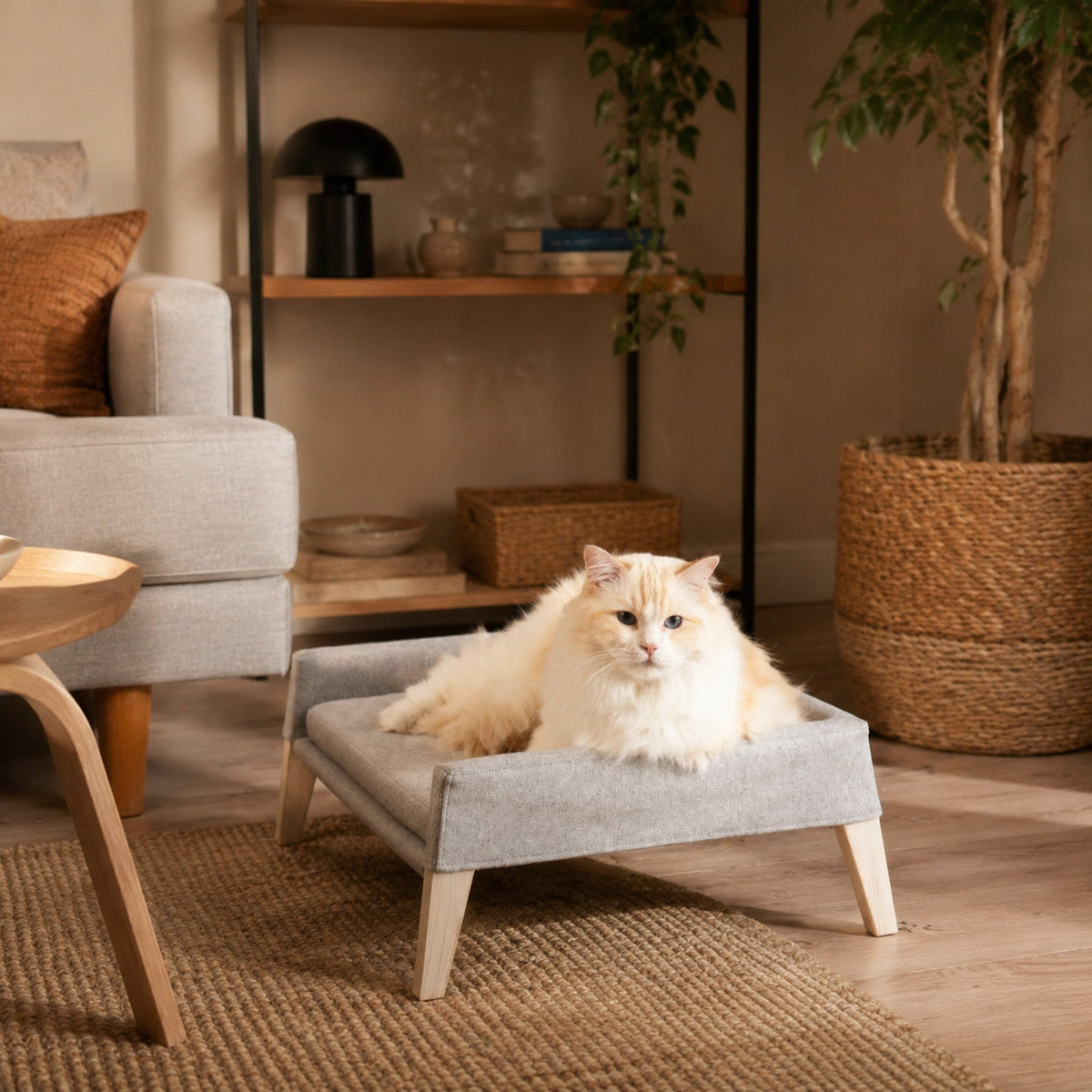 Kikko & Lulu Design-Set für Katzen – Anthrazit – Elegante Wohnszene mit Haustier