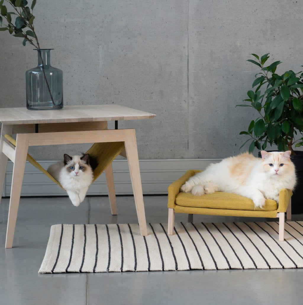 Kikko Tisch und Lulu Katzenbett in Honig – Gesamtansicht