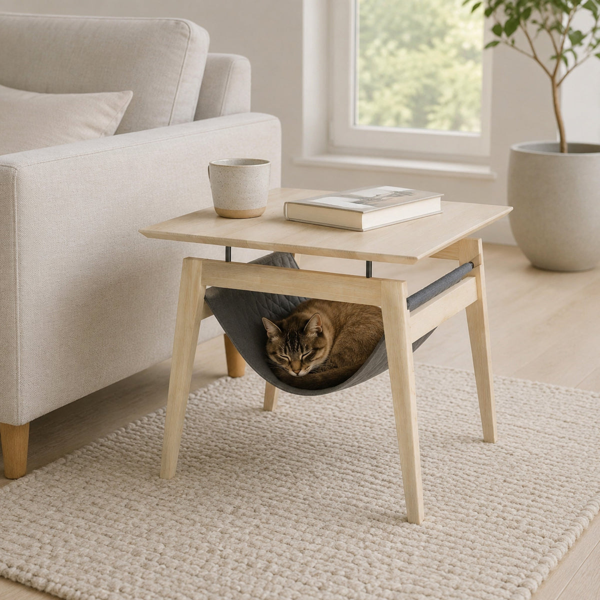 Kikko Katzentisch Anthrazit neben Sofa im skandinavischen Wohnzimmer