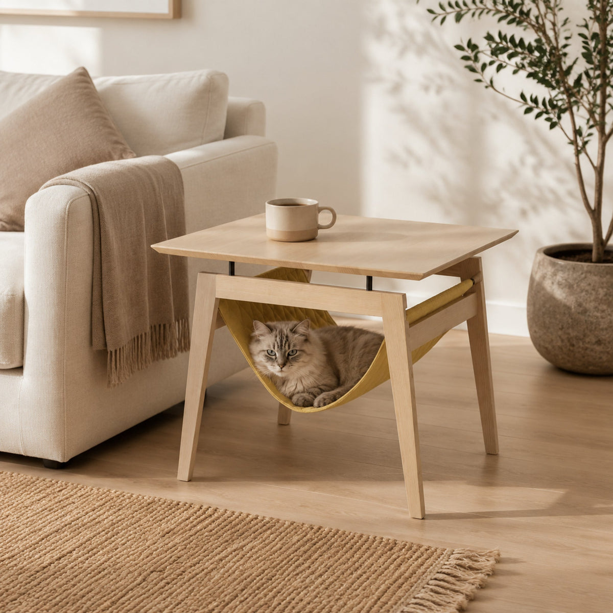 Kikko Beistelltisch mit Katzenhängematte neben einem eleganten Sofa
