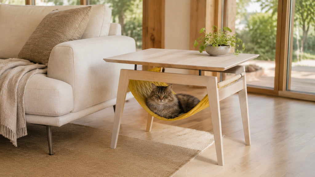 Kikko Beistelltisch Honig mit Katze am lichtdurchfluteten Fenster