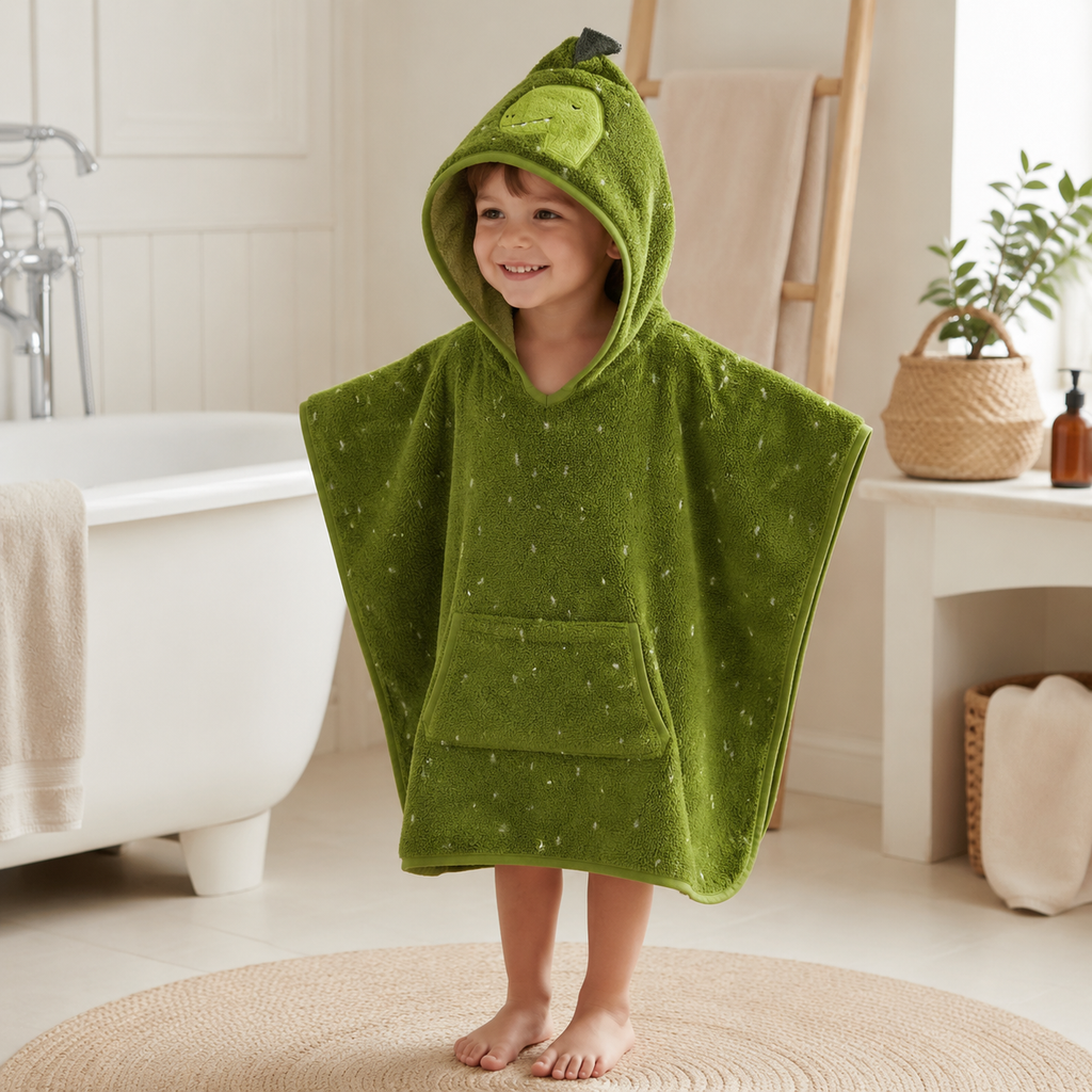 Kinder-Badeponcho aus Bio-Baumwolle – Mr. Dino – getragen nach dem Baden