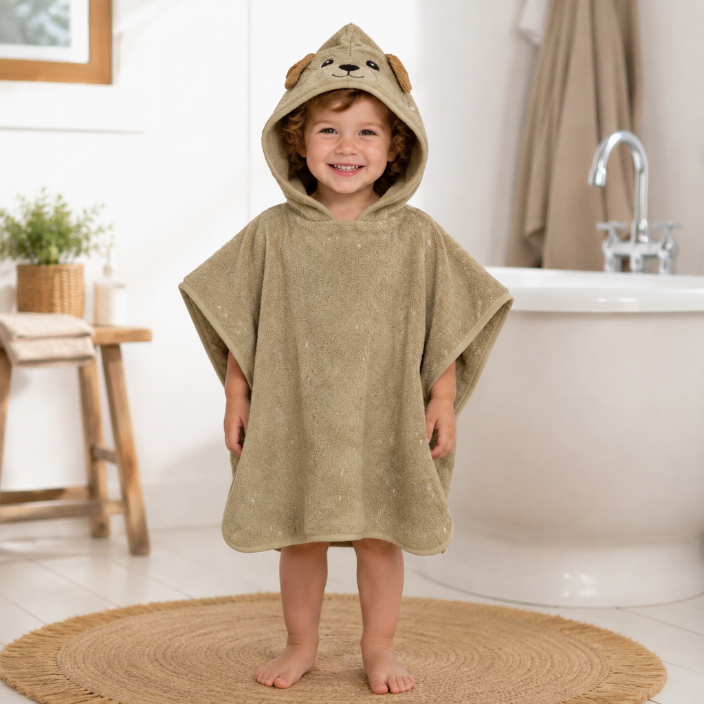 Kinder-Badeponcho aus Bio-Baumwolle – Mr. Dog – getragen nach dem Baden