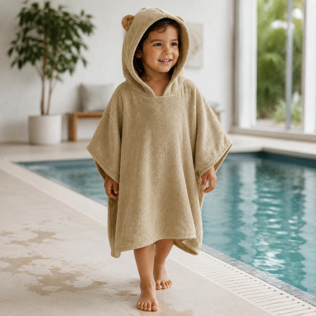 Kinder-Badeponcho aus Bio-Baumwolle – Mr. Dog – getragen am Schwimmbad