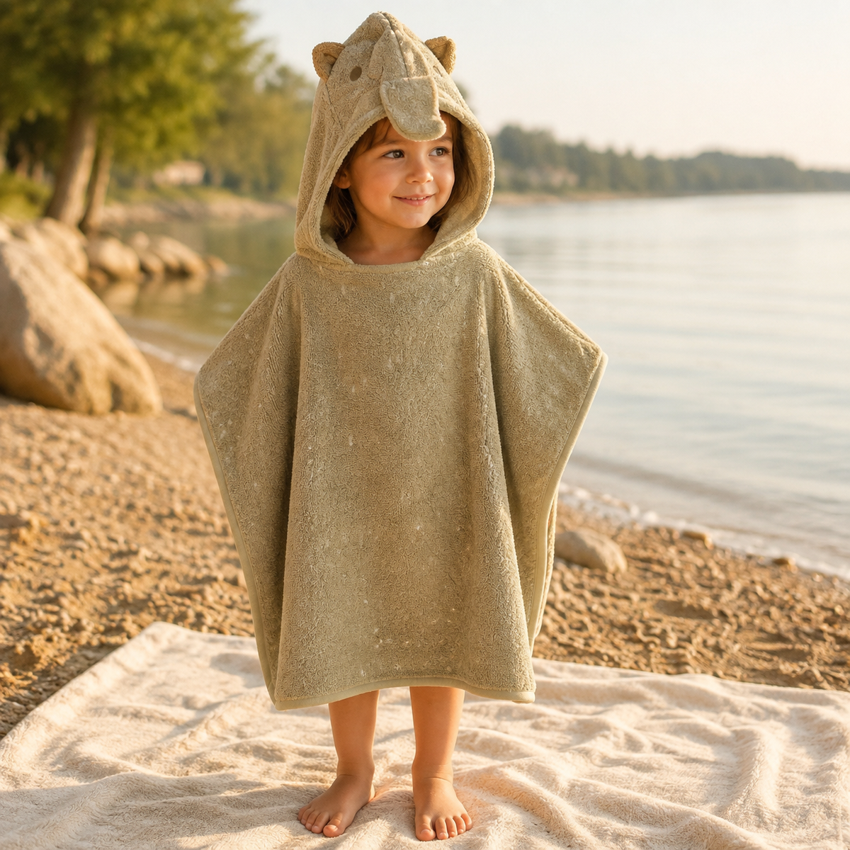 Kinder-Badeponcho aus Bio-Baumwolle – Mr. Dog – getragen im sommerlichen Outdoor-Ambiente
