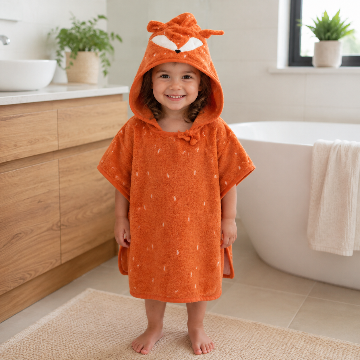 Kinder-Badeponcho aus Bio-Baumwolle – Mr. Fox – getragen nach dem Baden