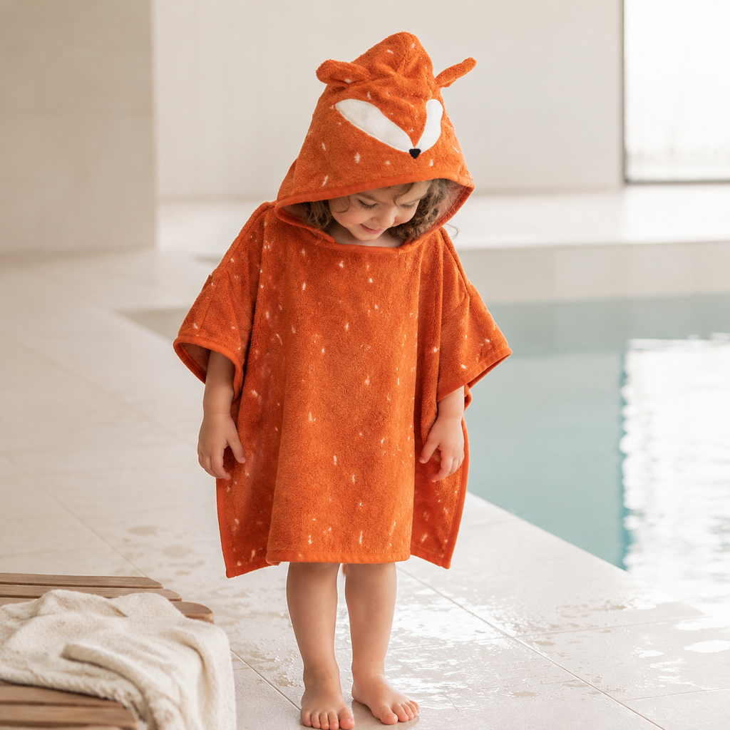 Kinder-Badeponcho aus Bio-Baumwolle – Mr. Fox – getragen am Schwimmbad