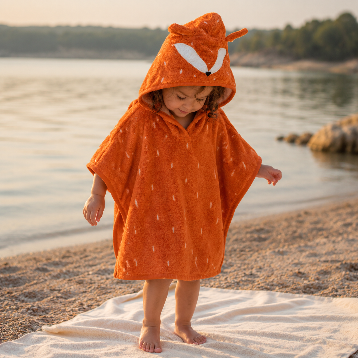 Kinder-Badeponcho aus Bio-Baumwolle – Mr. Fox – getragen im sommerlichen Outdoor-Ambiente