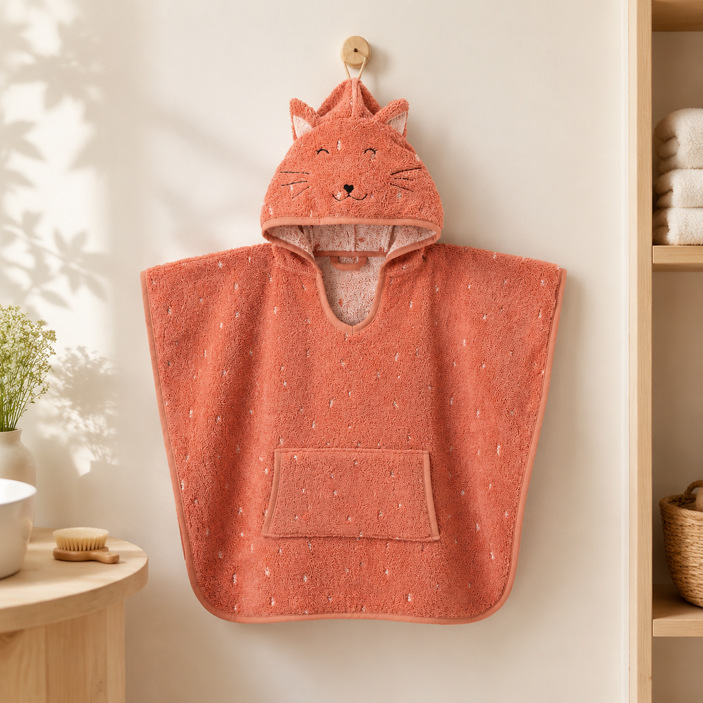 Kinder-Badeponcho aus Bio-Baumwolle – Mrs. Cat – Premium-Hauptbild im hellen Familienbad