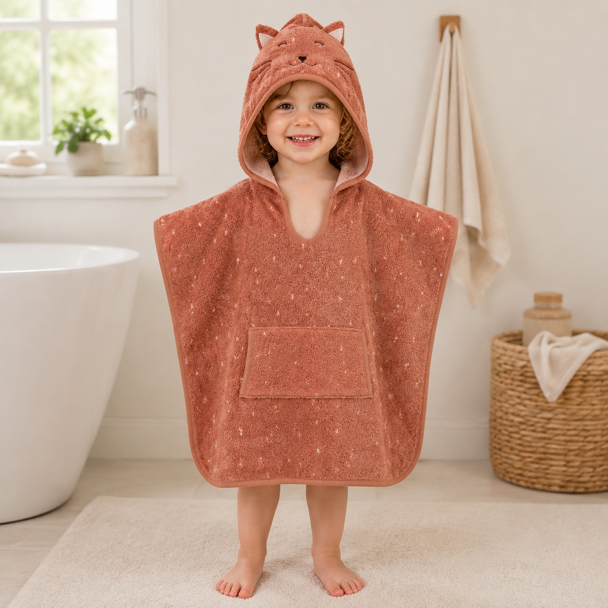 Kinder-Badeponcho aus Bio-Baumwolle – Mrs. Cat – getragen nach dem Baden