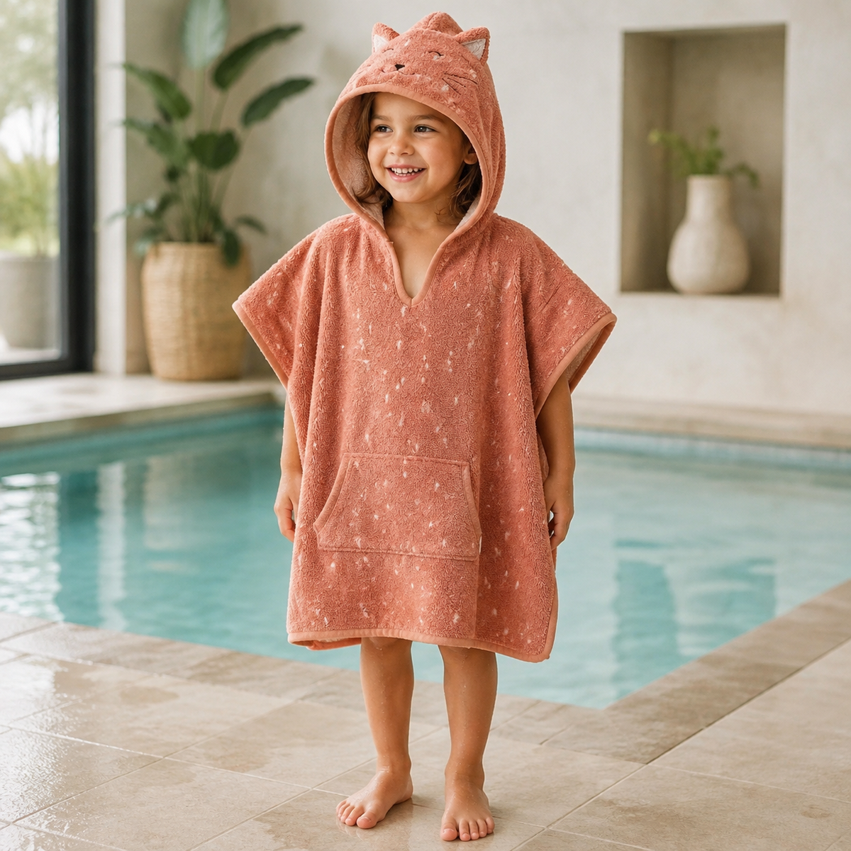Kinder-Badeponcho aus Bio-Baumwolle – Mrs. Cat – getragen am Schwimmbad