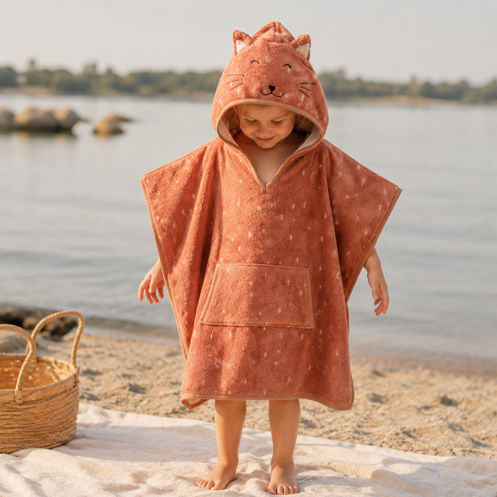Kinder-Badeponcho aus Bio-Baumwolle – Mrs. Cat – getragen im sommerlichen Outdoor-Ambiente
