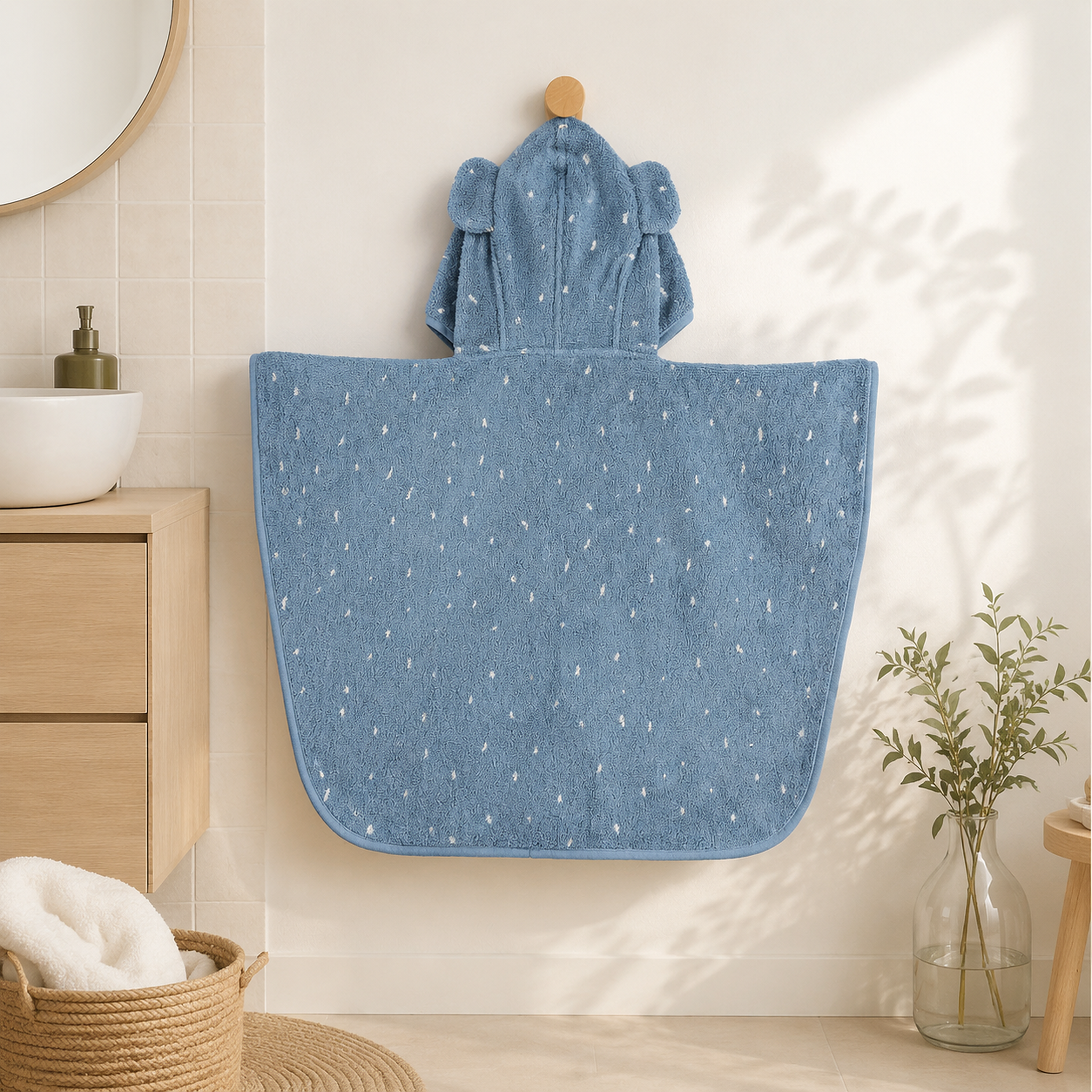 Kinder-Badeponcho aus Bio-Baumwolle – Mrs. Elephant – Premium-Hauptbild im hellen Familienbad